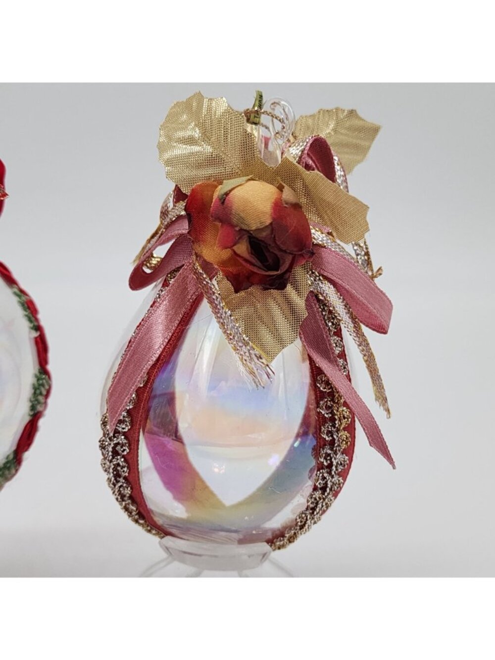 Glass Christmas Ornaments Red & Gold Ribbon Roses Berries Leaves Vintage 3" - Picture 3 of 8